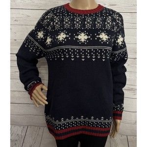 H&M Divided Fair Isle Sweater Small Navy Blue Red White Snowflake Wool Blend